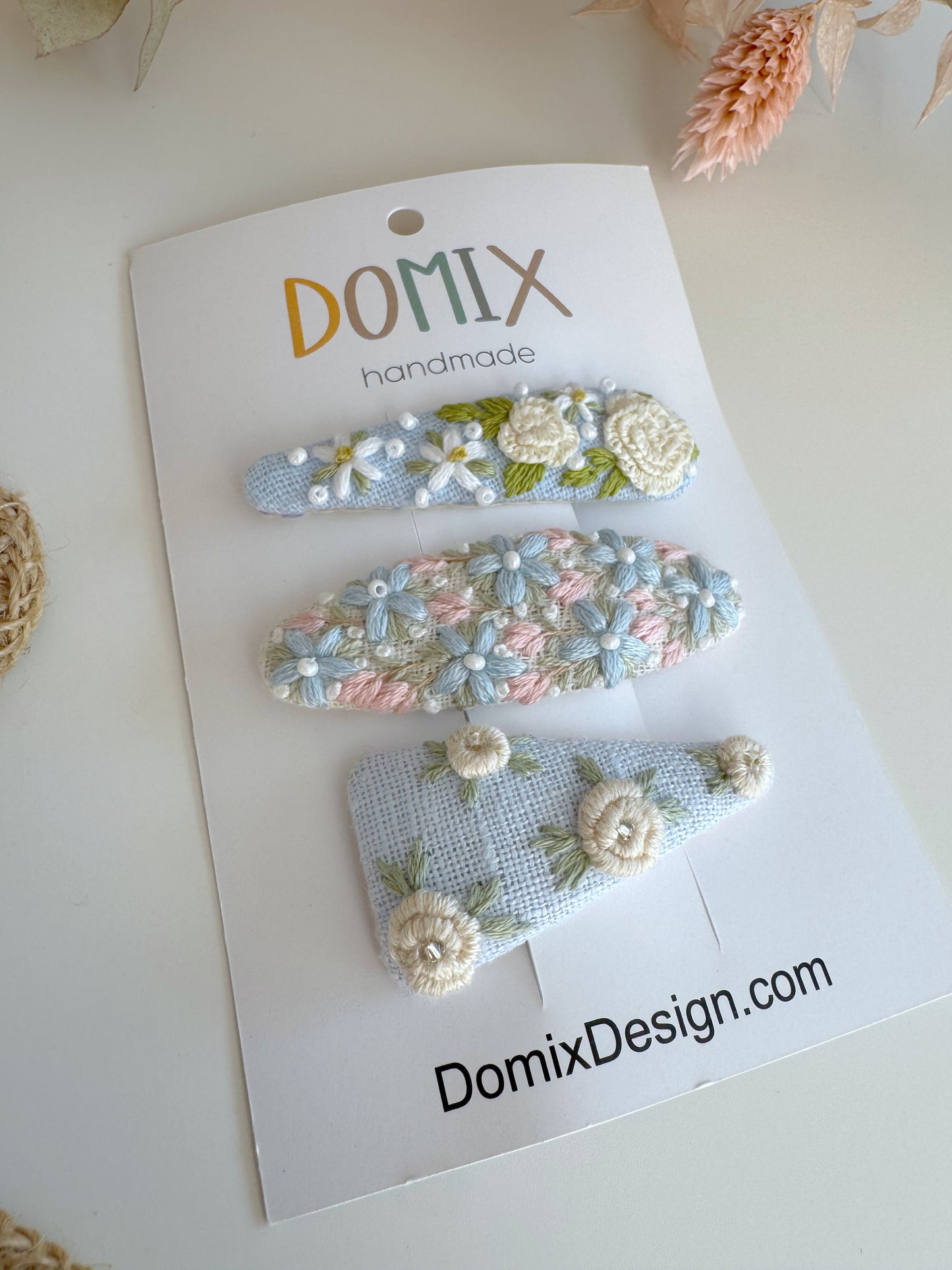 Pinces à cheveux en lin brodé – Ensemble de 3 faites à la main