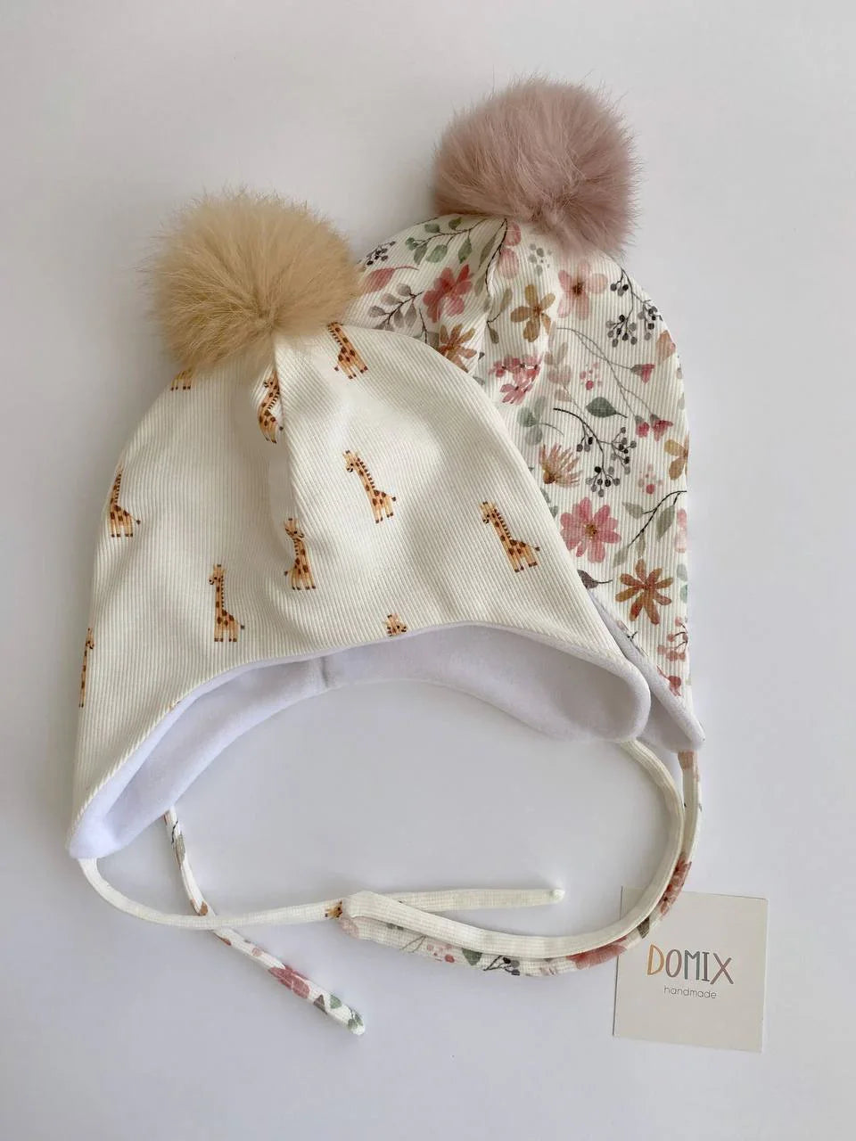 Floral Baby Jersey Hat with Pom-Pom – Handmade (0–2 Years) - Domix