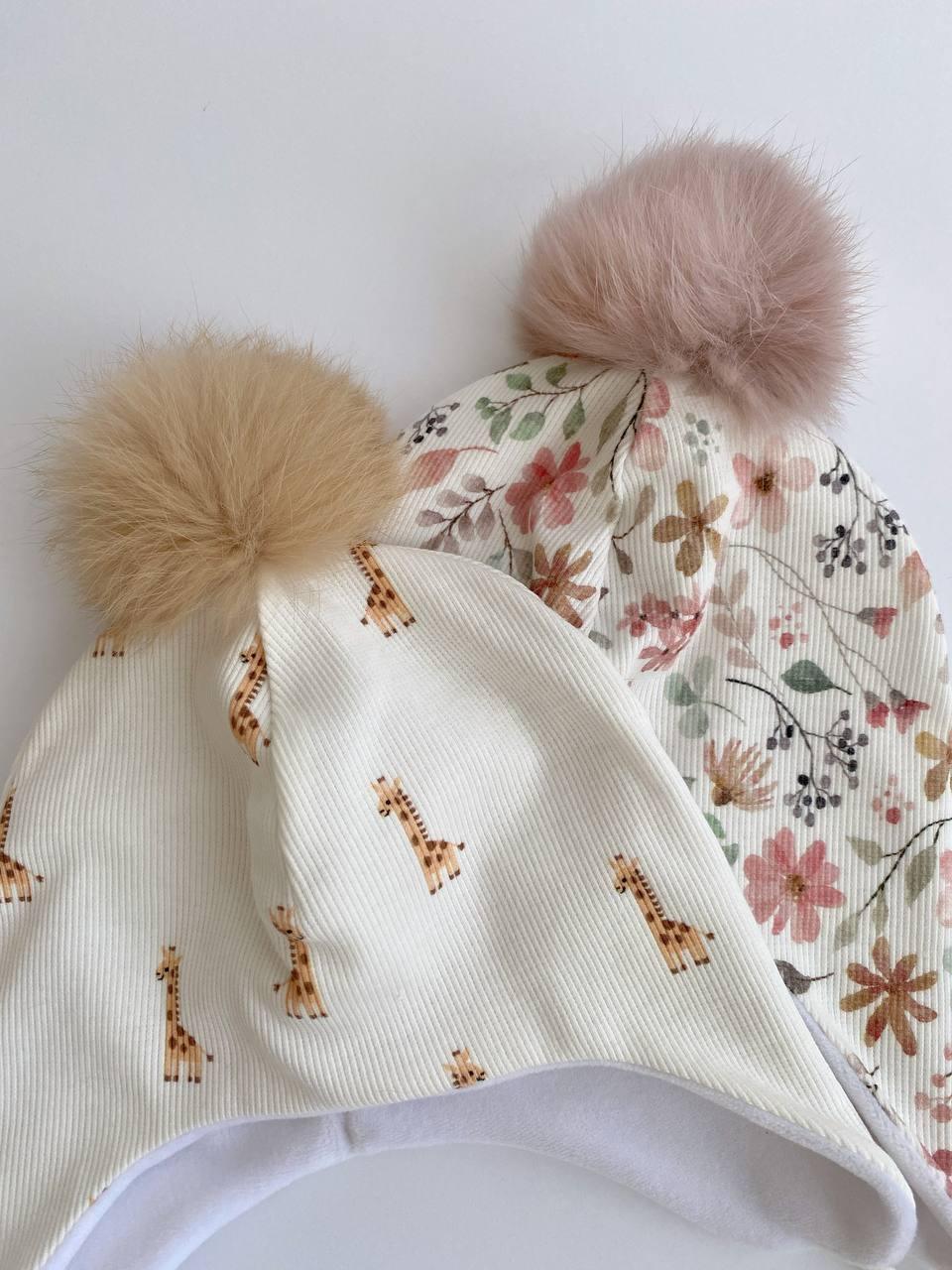 Floral Baby Jersey Hat with Pom-Pom – Handmade (0–2 Years) - Domix