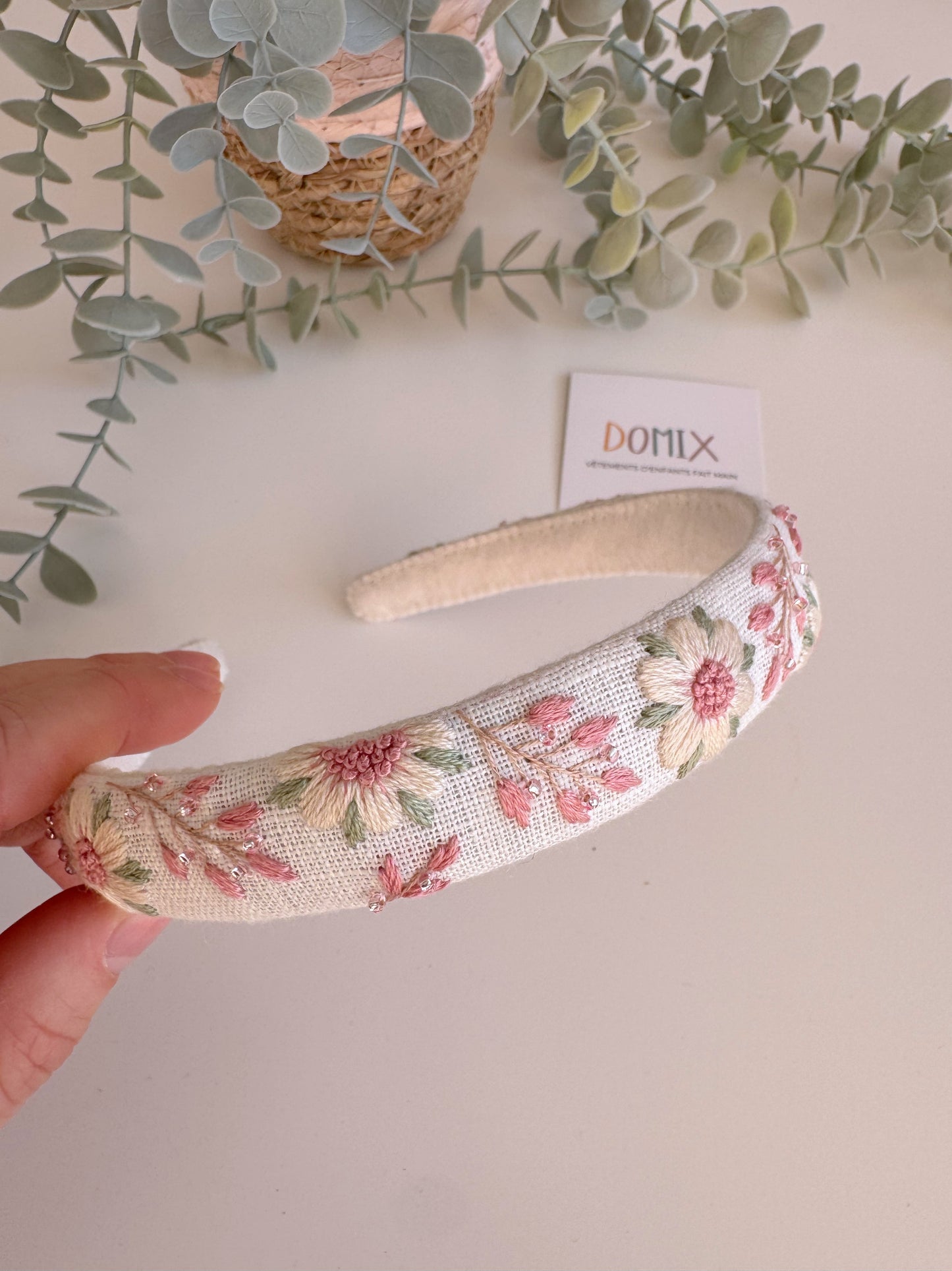 Bandeau en lin brodé à la main – Cerceau de cheveux floral (Taille unique)
