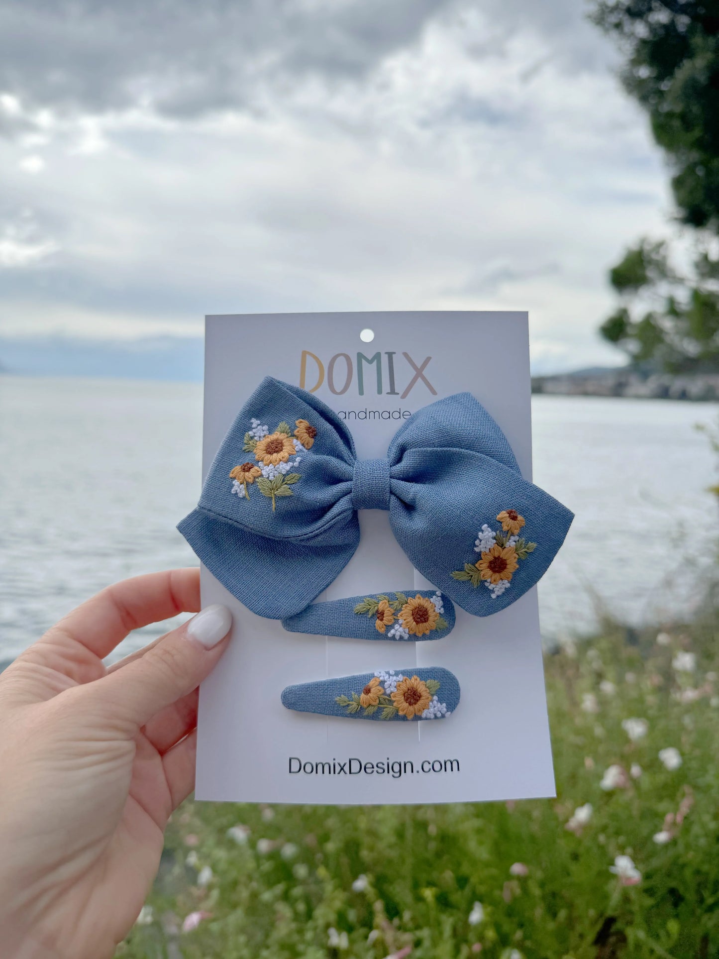 Girls’ Linen Hair Accessories Set – Bow and Flower Clips - Domix