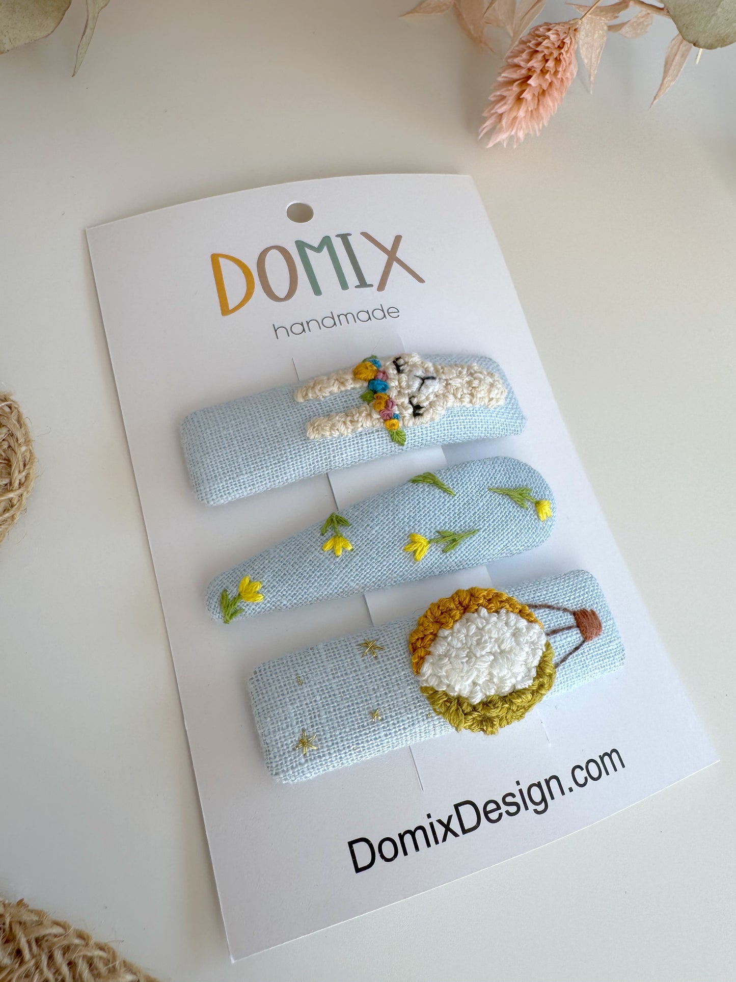 Pinces à cheveux florales en lin faites à la main – Lot de 3