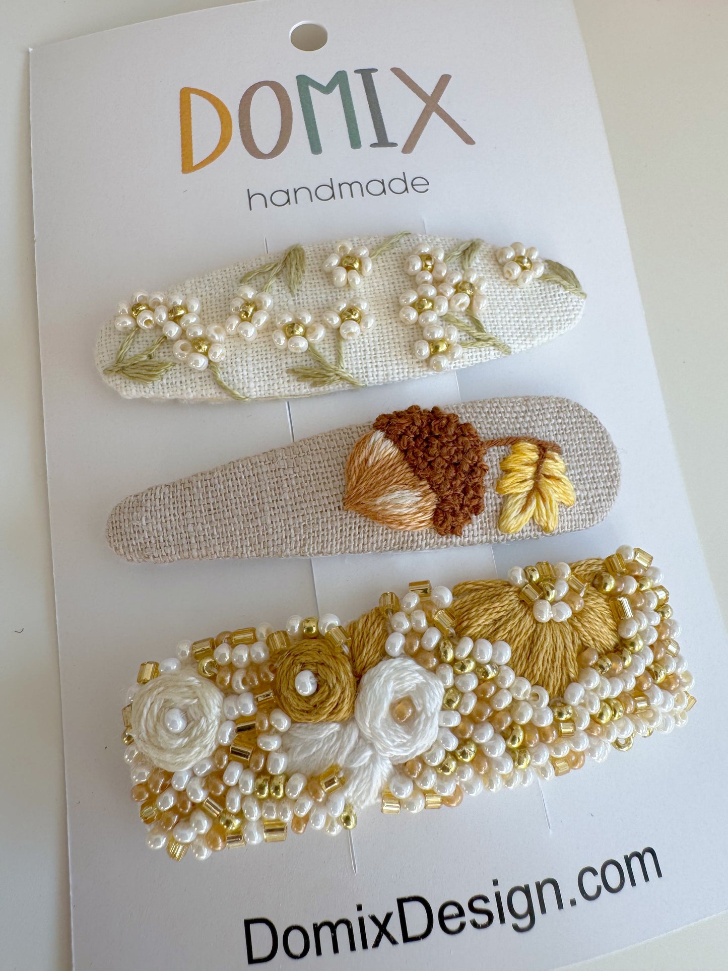 Pinces à cheveux en lin faites main – Ensemble brodé couture (3 pièces)