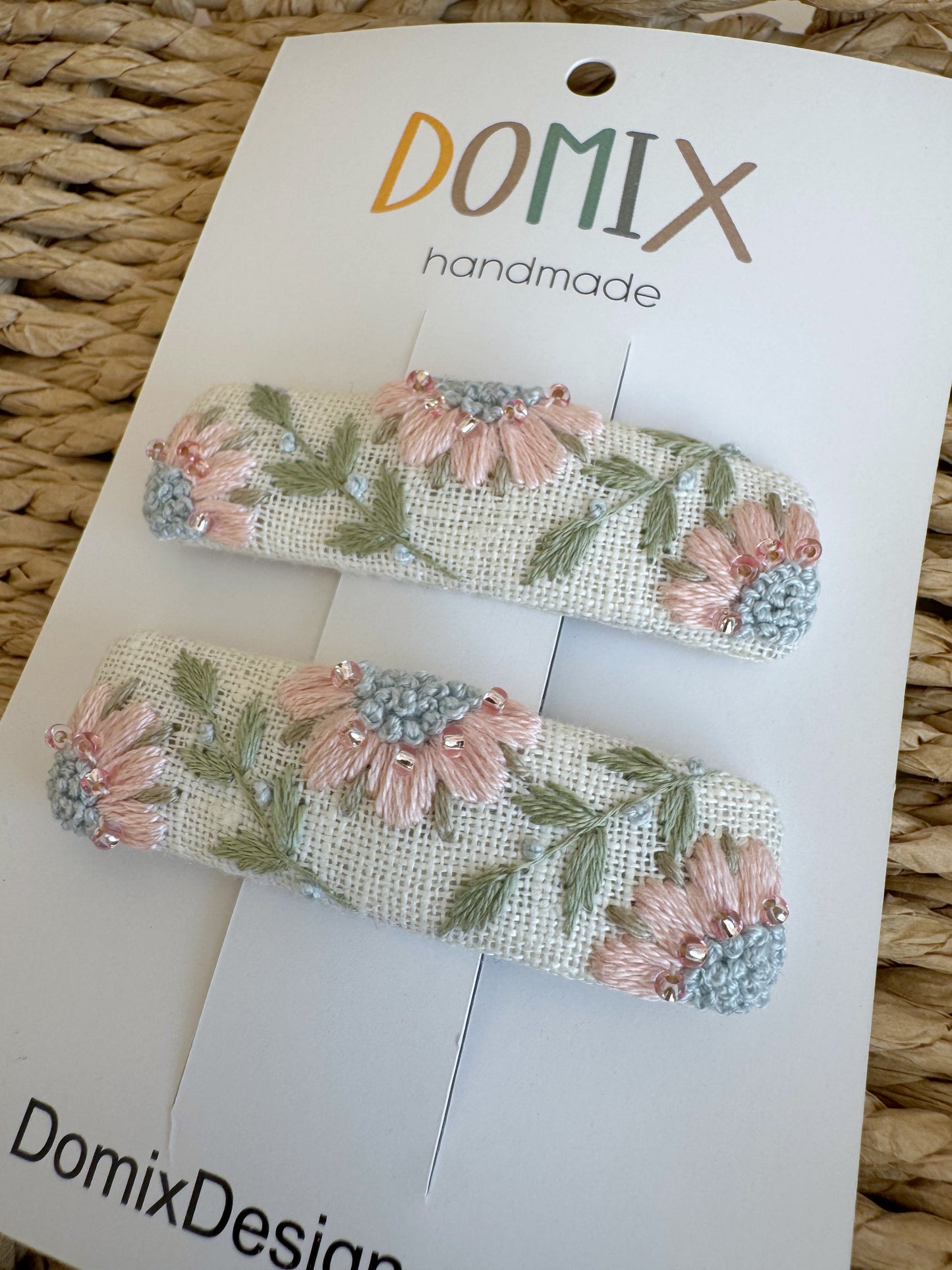 Handmade Girls Linen Hair Clips – Beaded & Embroidered Set of 2