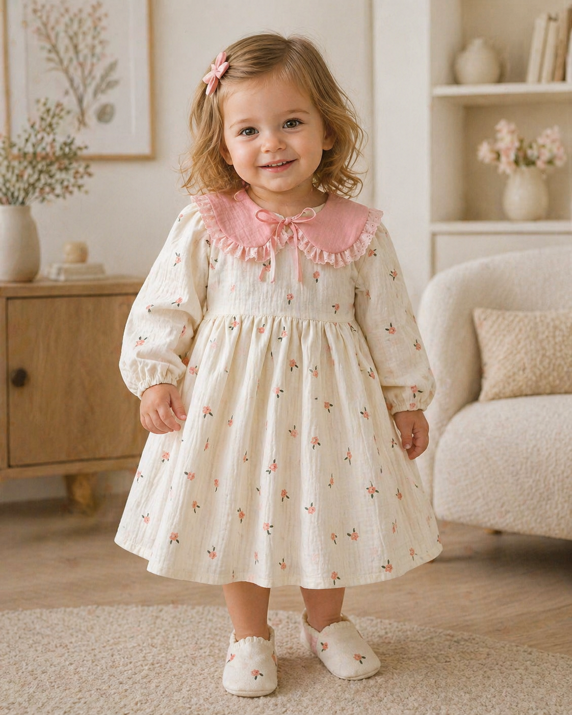 Young girl in a white dress with pink collar standing in a cozy living room.