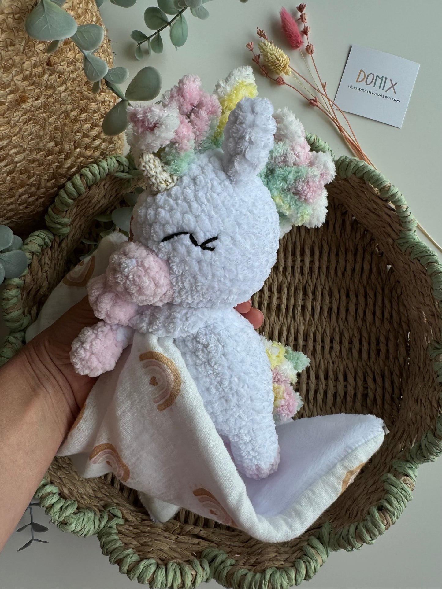 Doudou Licorne – Jouet doux et réconfortant avec couverture en mousseline (certifié CE)