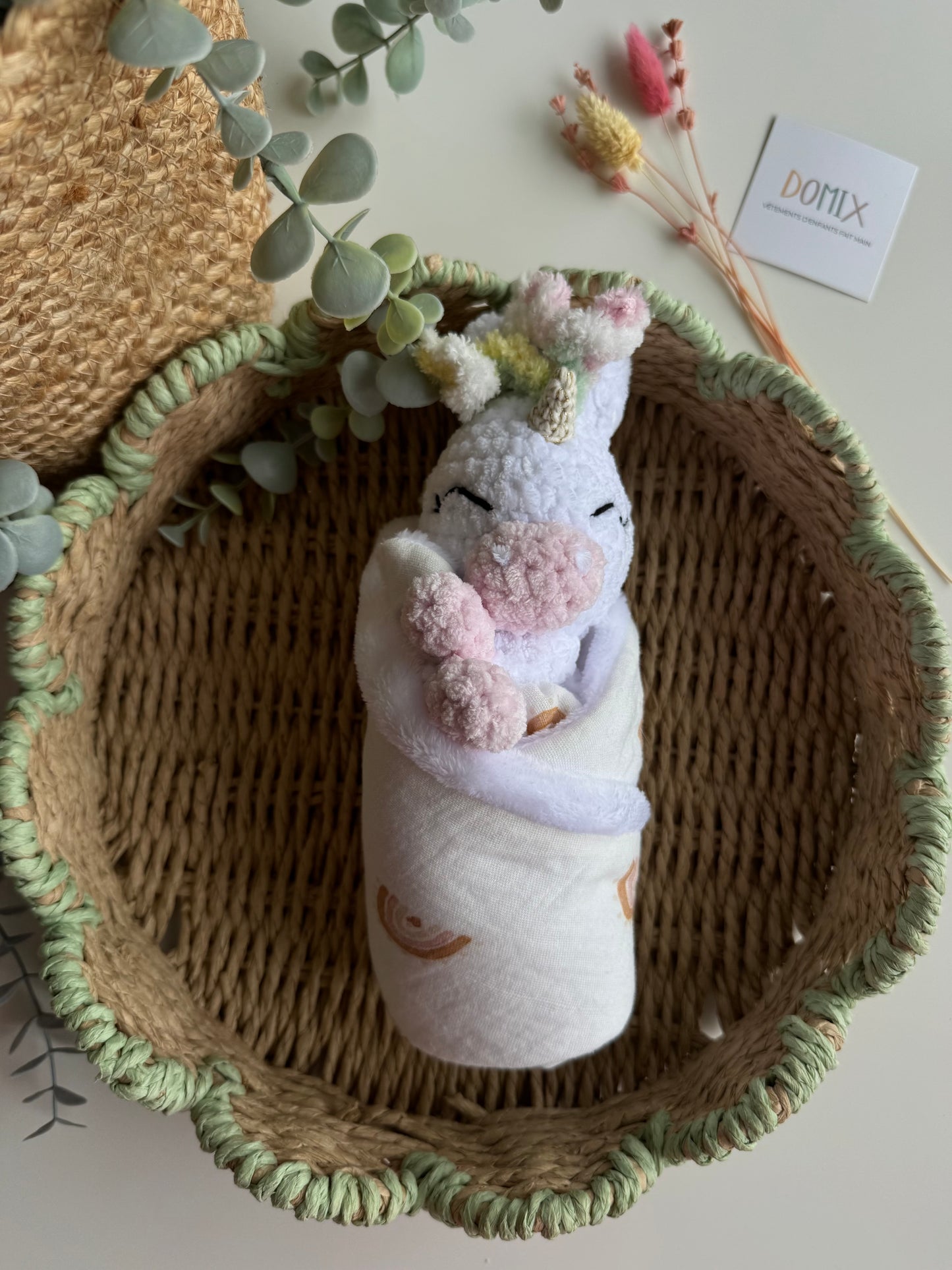 Doudou Licorne – Jouet doux et réconfortant avec couverture en mousseline (certifié CE)
