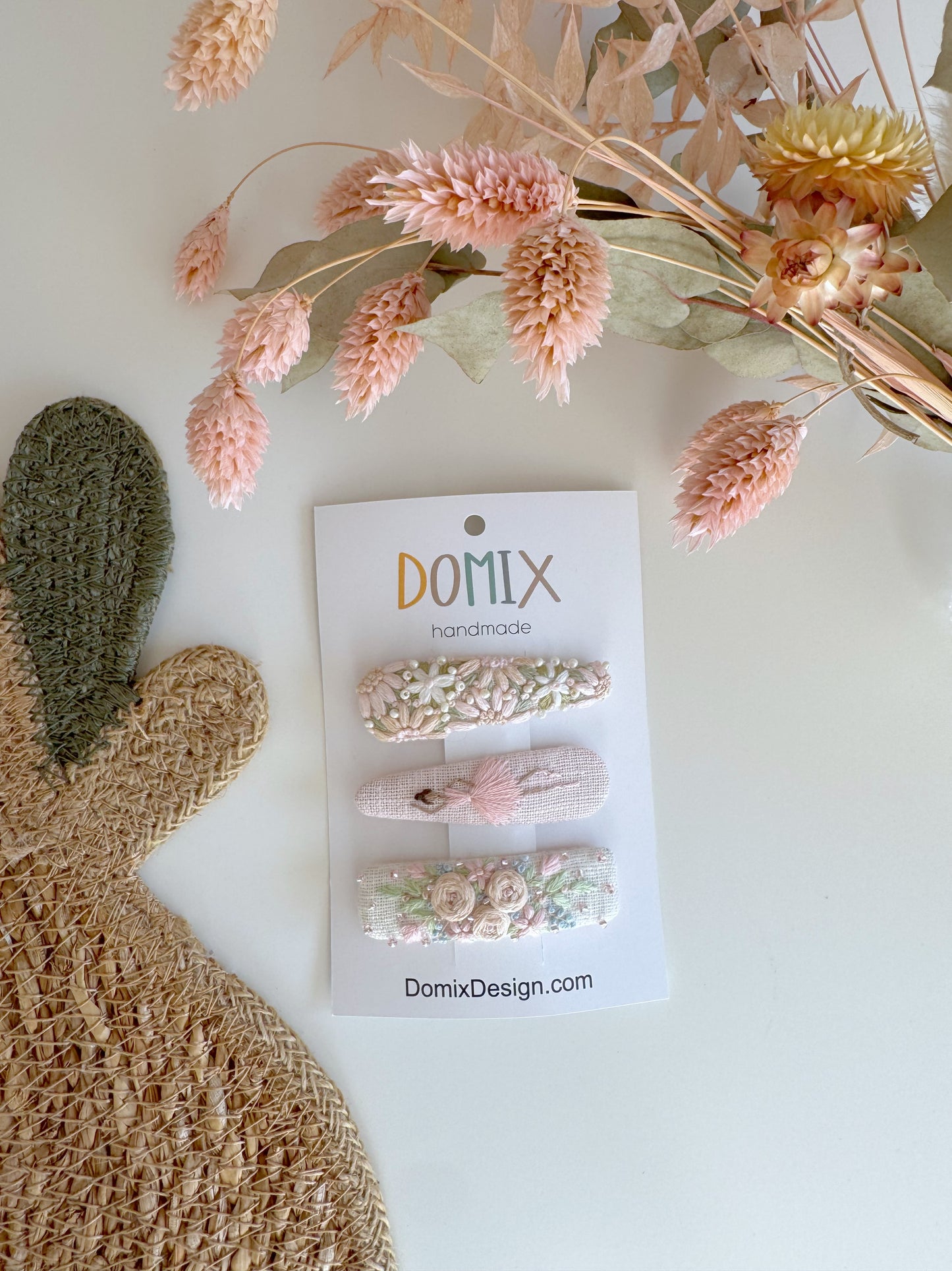 Pinces à cheveux en lin faites main – Ensemble exclusif brodé de 3