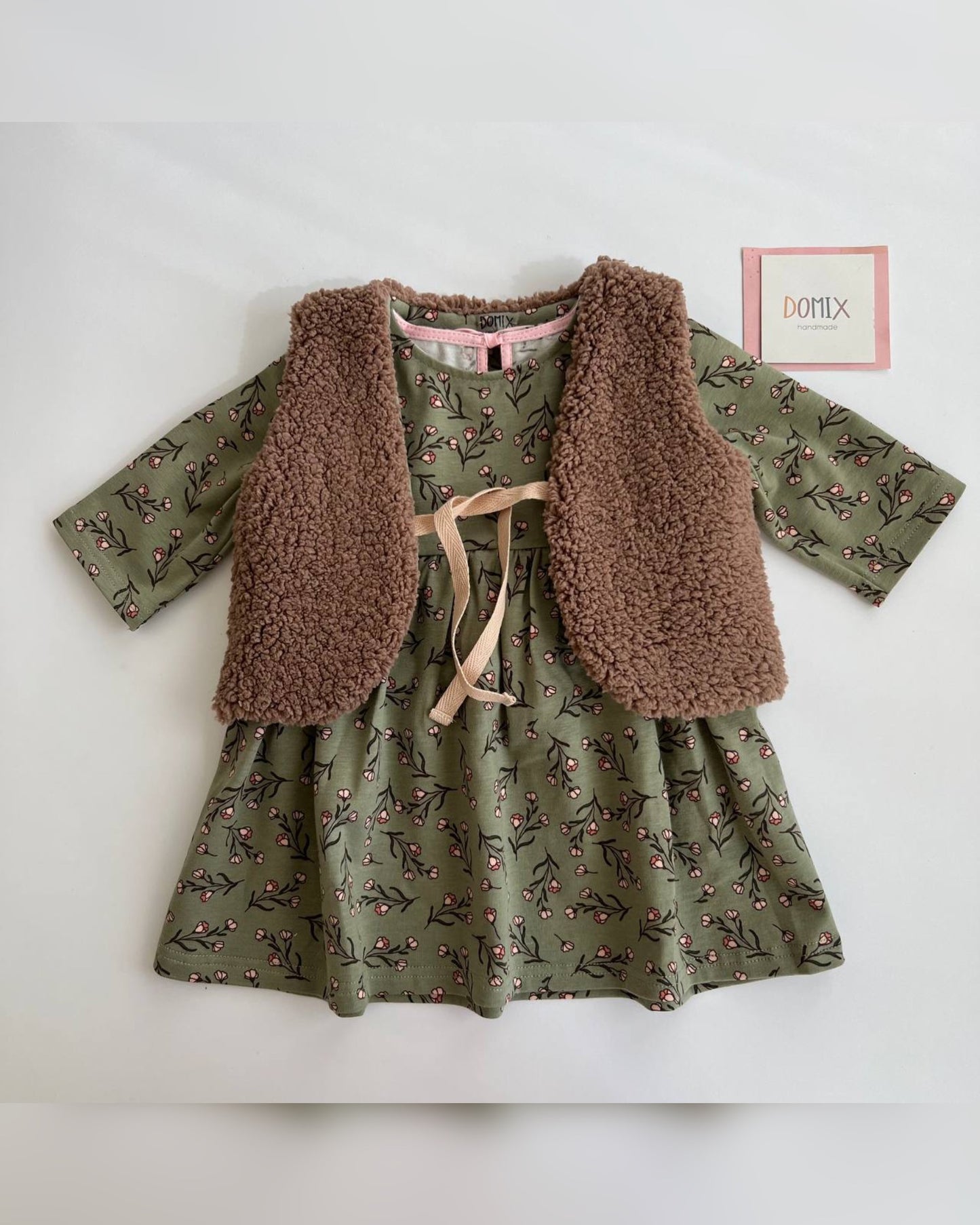 Handmade Baby Girl Dress – Olive Green with Floral Print