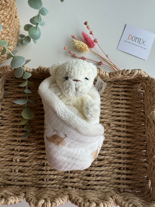 Doudou Ours en peluche – Peluche réconfortante avec couverture en mousseline (certifié CE)
