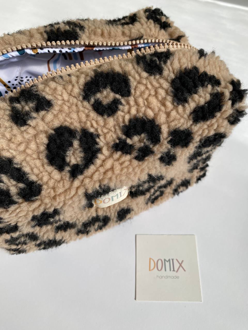 Beige Leopard Teddy Cosmetic Bag – Makeup Pouch with Waterproof Lining | DOMIX
