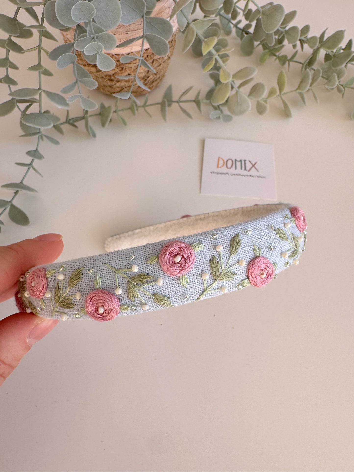 Bandeau en lin brodé à la main – Cerceau de cheveux floral (Taille unique)