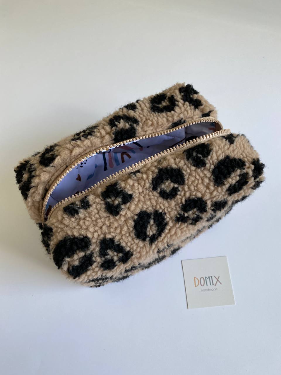 Beige Leopard Teddy Cosmetic Bag – Makeup Pouch with Waterproof Lining | DOMIX