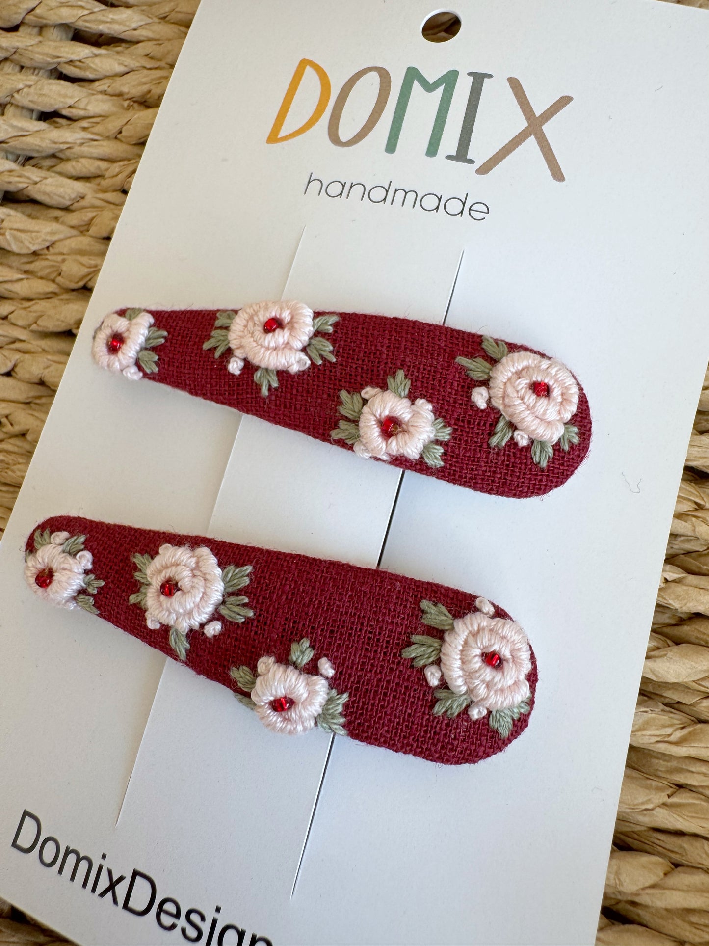 Embroidered Linen Hair Clips for Girls – Beaded Handmade Set of 2