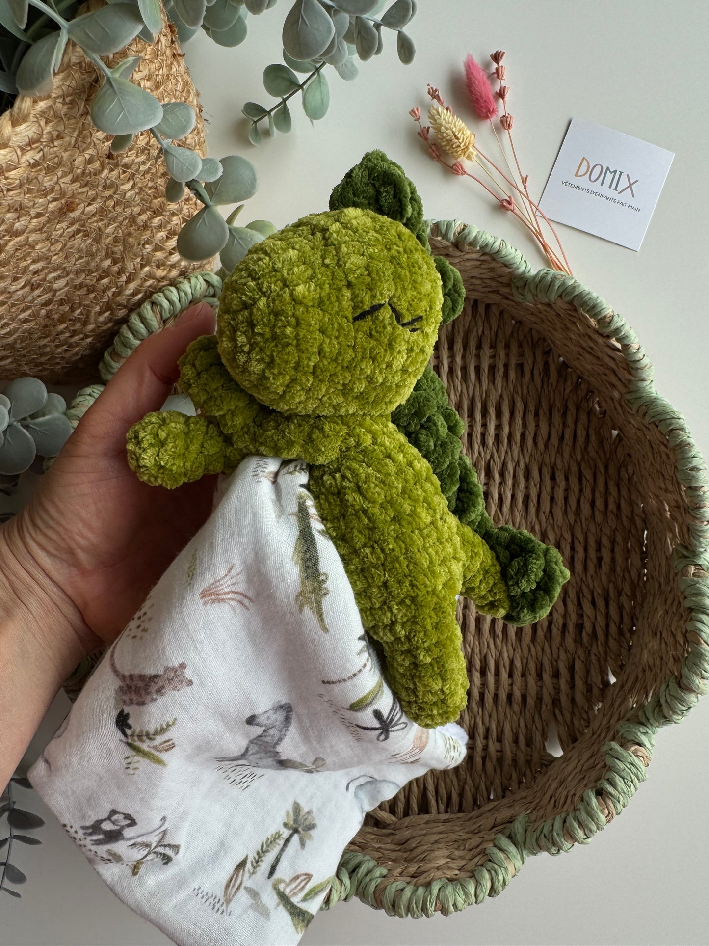 Doudou Bébé Dinosaure – Jouet de confort doux avec couverture en mousseline (certifié CE)