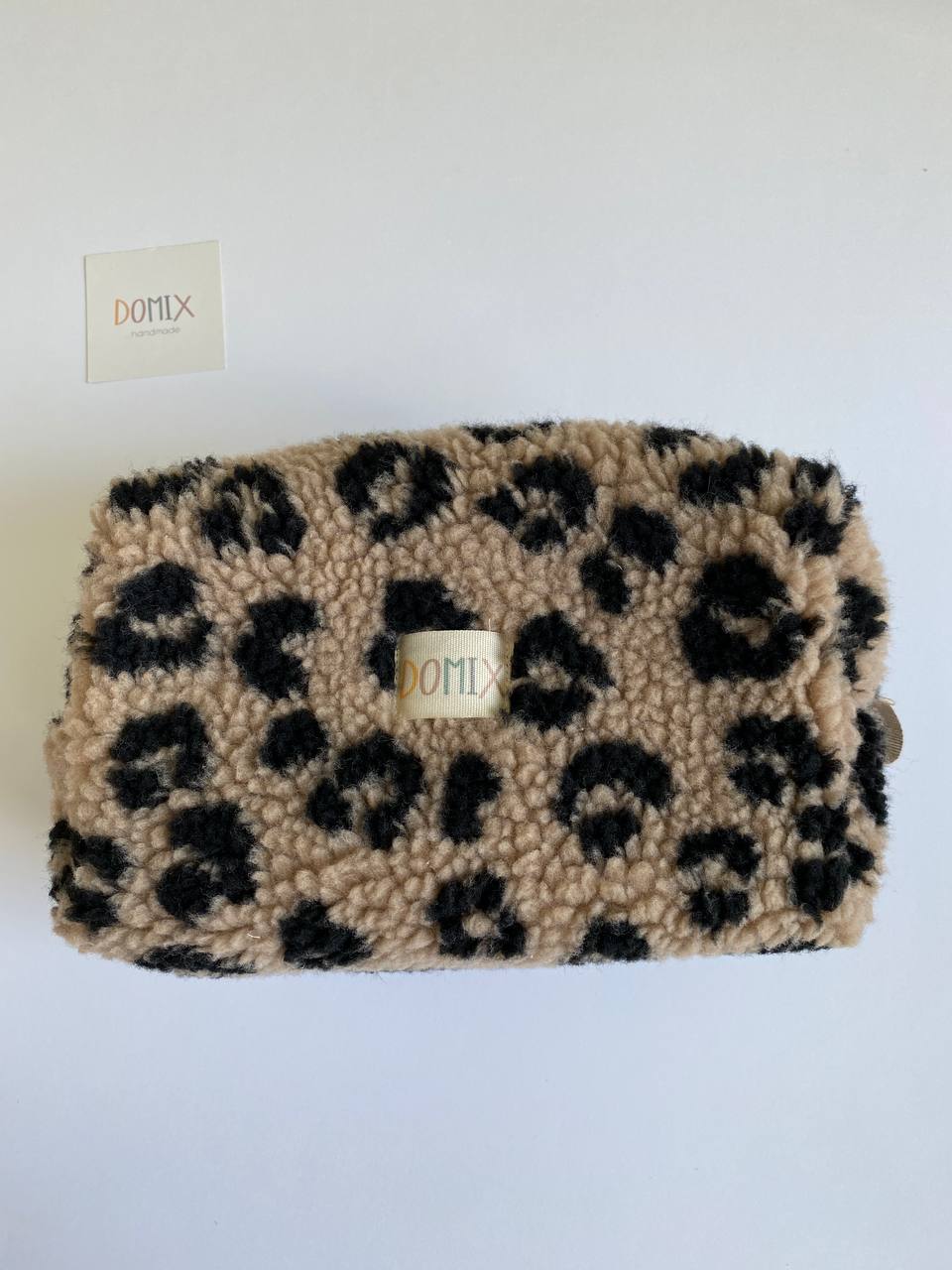 Beige Leopard Teddy Cosmetic Bag – Makeup Pouch with Waterproof Lining | DOMIX