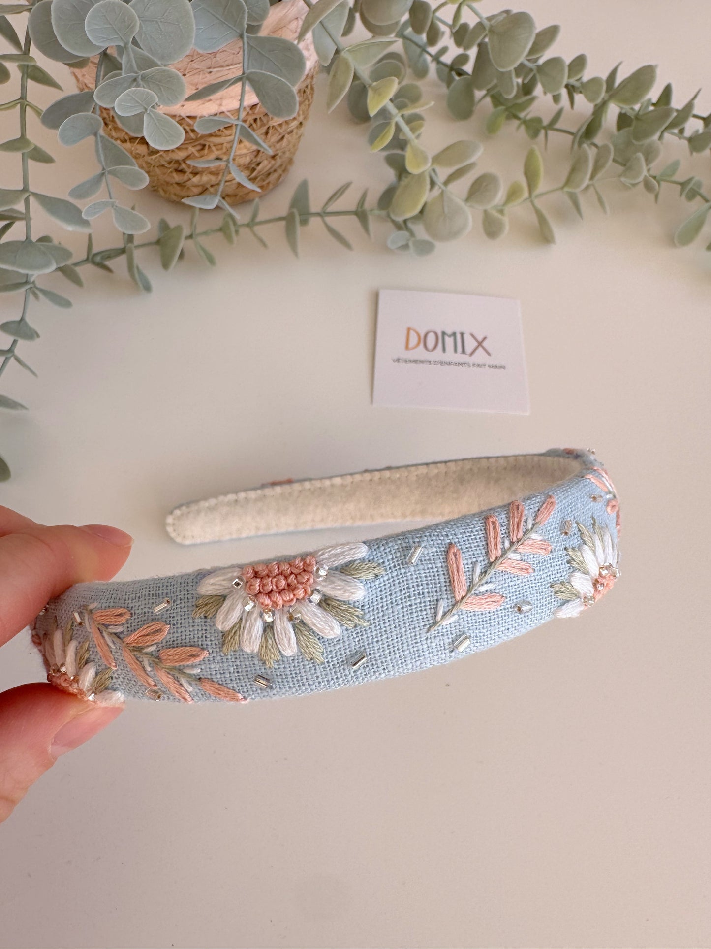 Bandeau en lin brodé à la main – Cerceau de cheveux floral (Taille unique)