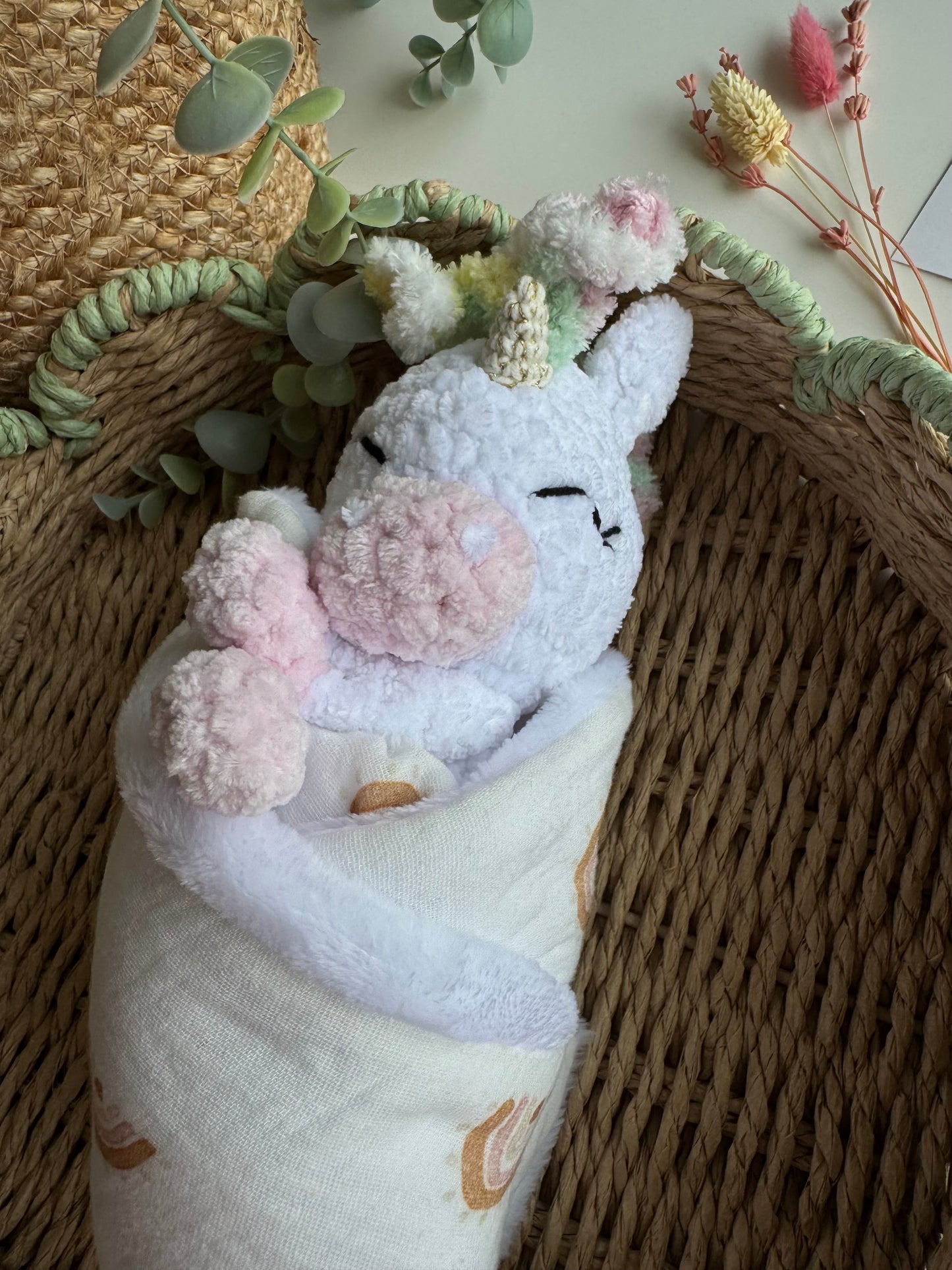 Doudou Licorne – Jouet doux et réconfortant avec couverture en mousseline (certifié CE)