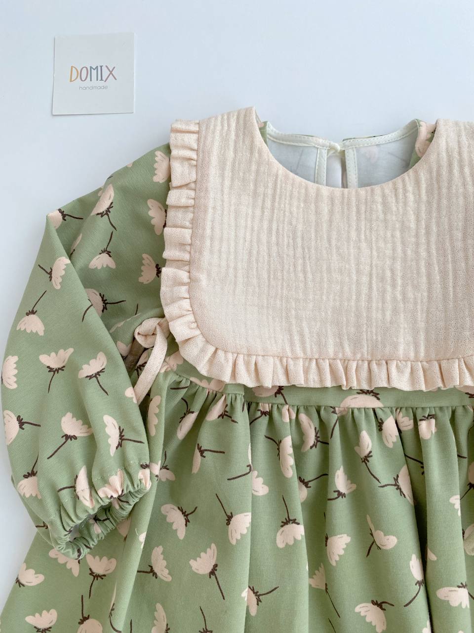 Floral Dress with Ruffled Bib – Sage Green