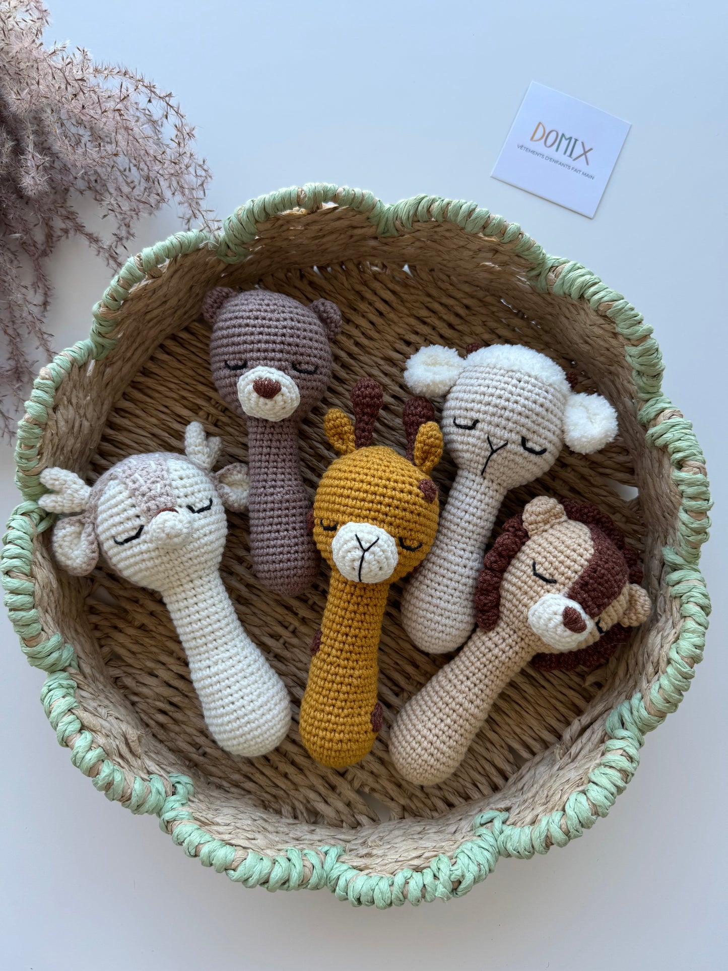 Hochet animal fait main – Jouet pour bébé en crochet de coton