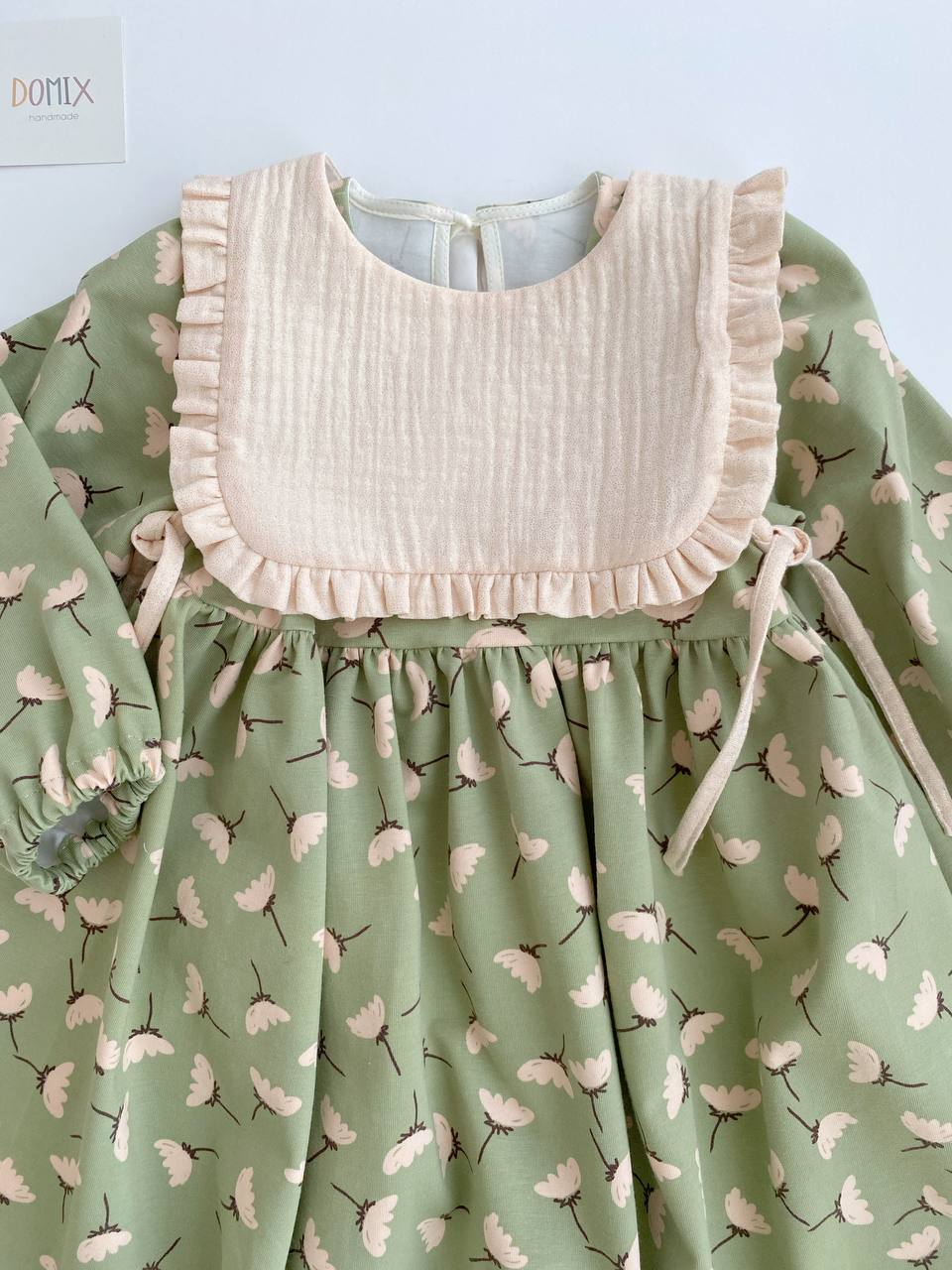 Floral Dress with Ruffled Bib – Sage Green