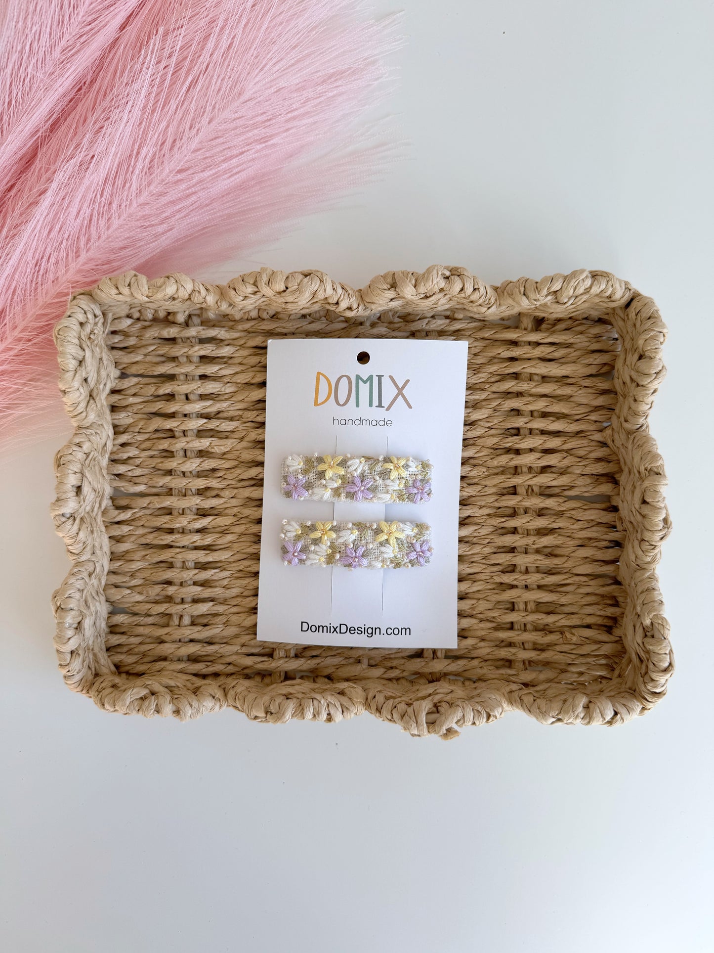 Pinces à cheveux en lin brodé avec perles – Lot de 2 faites main pour filles