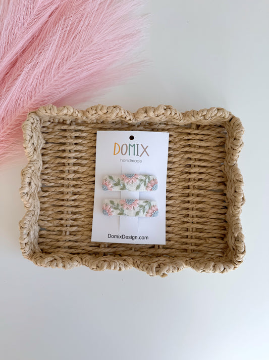 Handmade Girls Linen Hair Clips – Beaded & Embroidered Set of 2