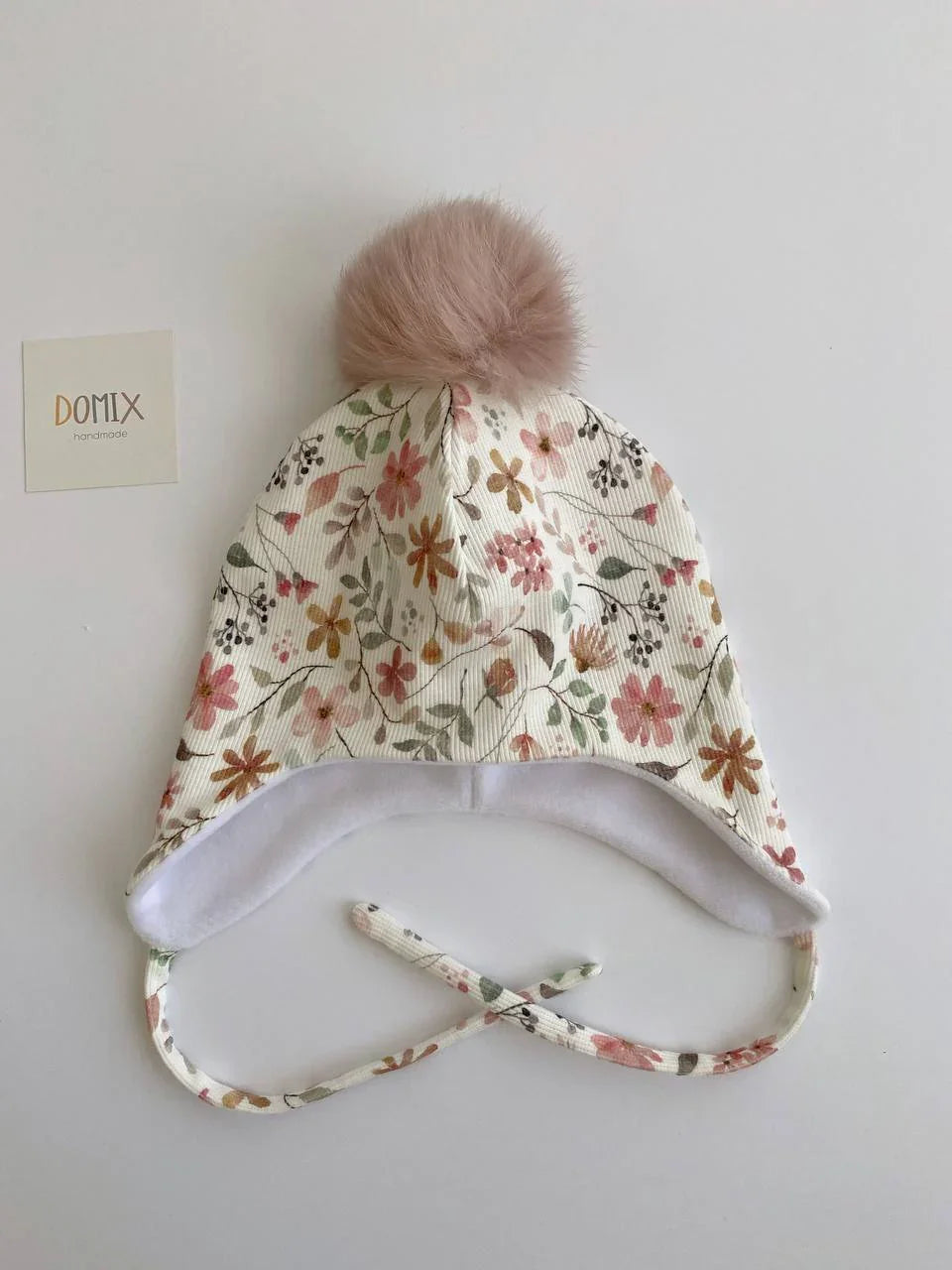 Floral Baby Jersey Hat with Pom-Pom – Handmade (0–2 Years) - Domix