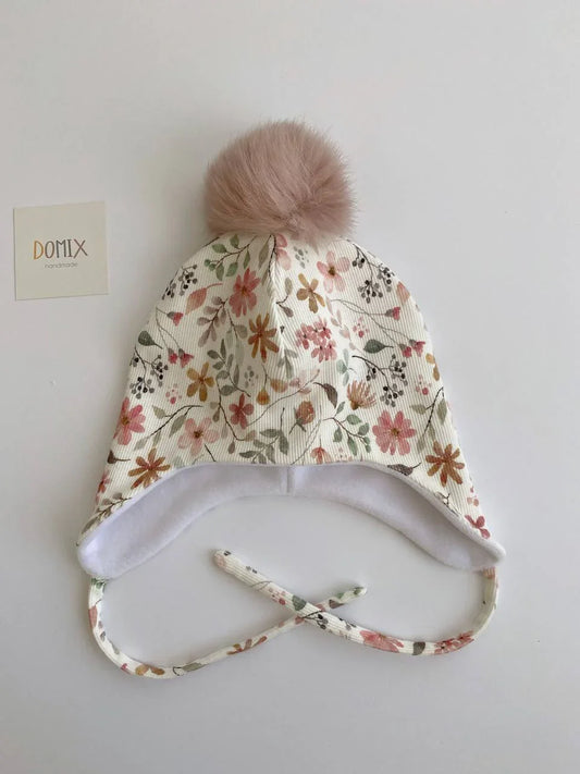 Floral Baby Jersey Hat with Pom-Pom – Handmade (0–2 Years) - Domix