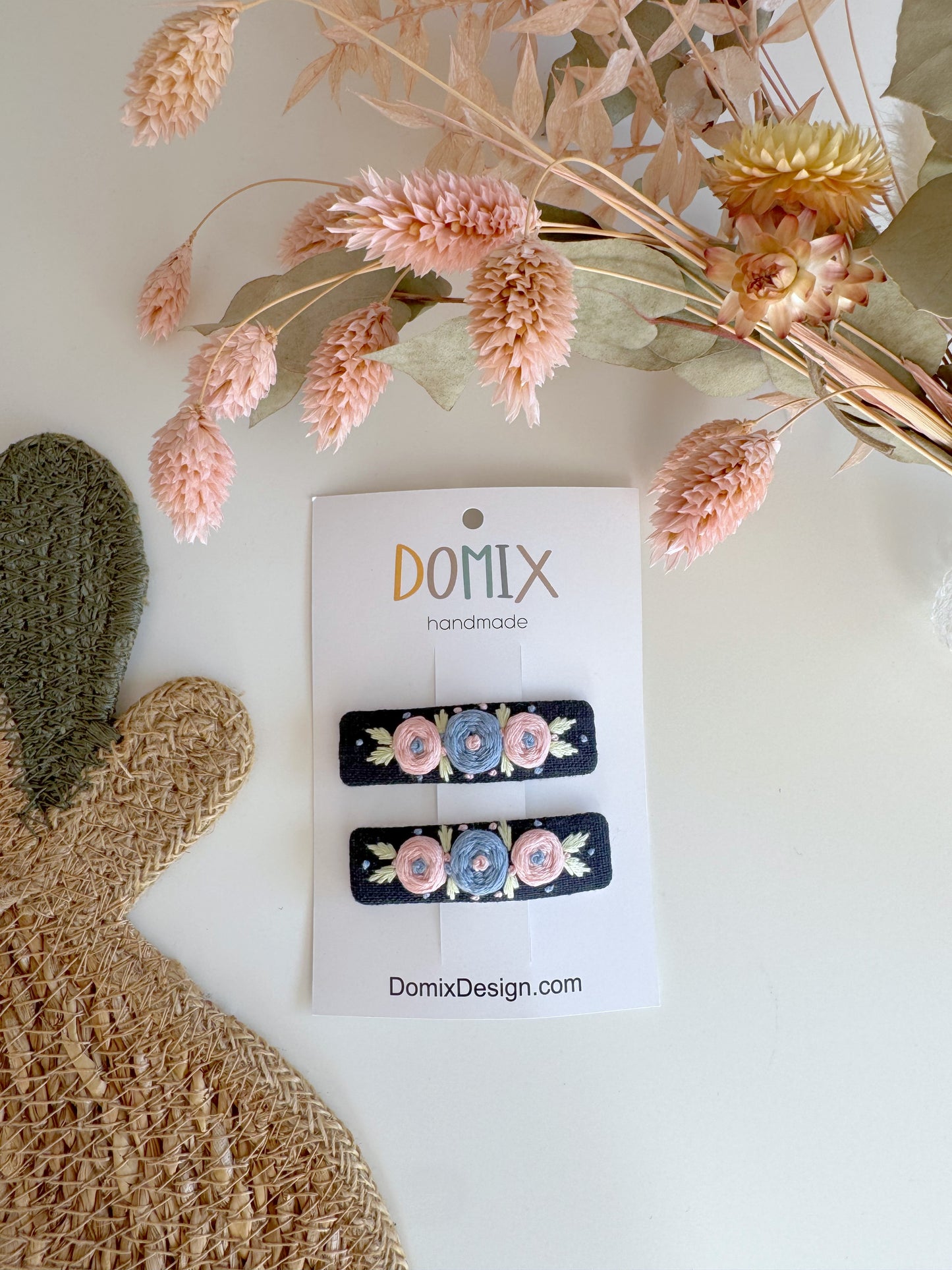 Embroidered Linen Hair Clips – Handmade Set of 2