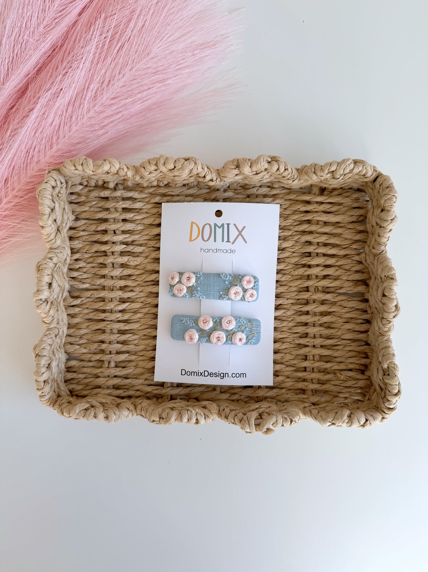 Pinces à cheveux en lin naturel, ornées de perles et de broderies – Lot de 2