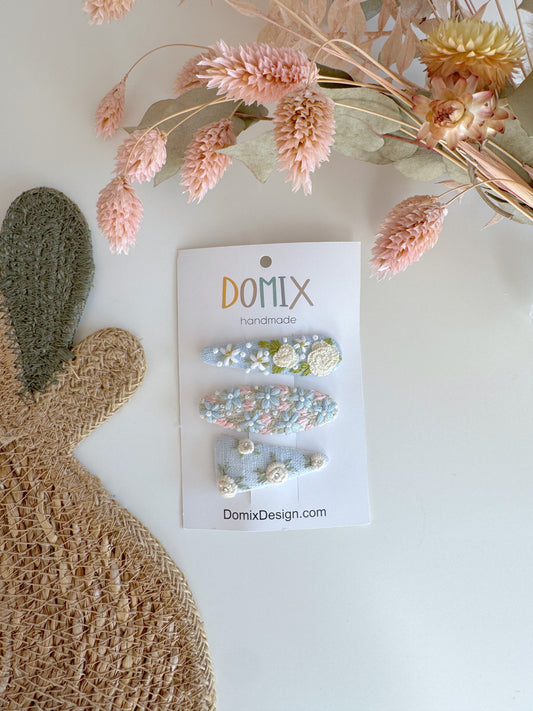 Pinces à cheveux en lin brodé – Ensemble de 3 faites à la main