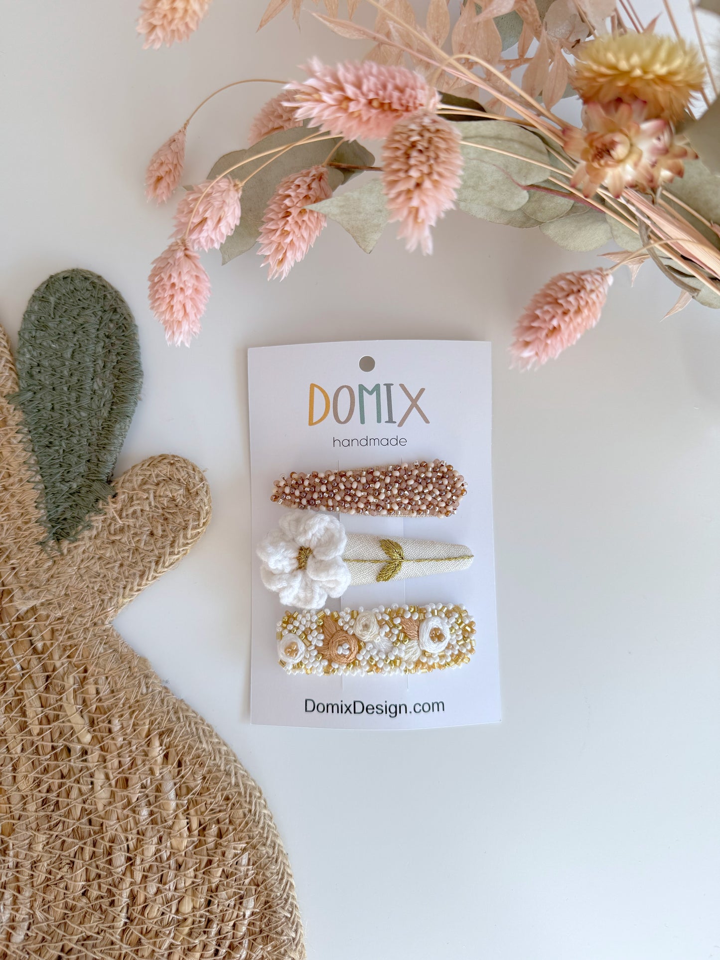 Pinces à cheveux en lin brodé à la main – Lot de 3