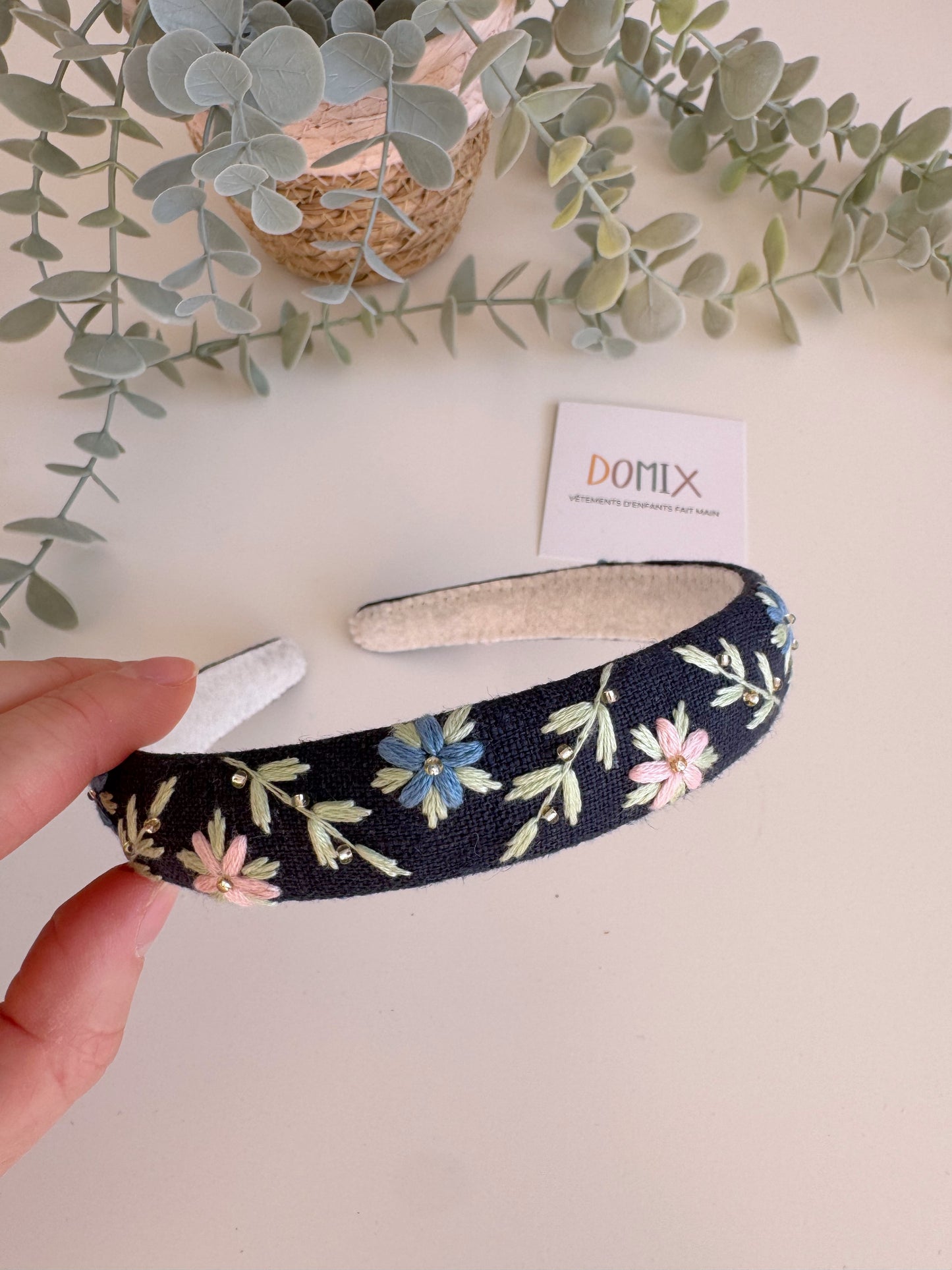 Bandeau en lin brodé à la main – Cerceau de cheveux floral (Taille unique)