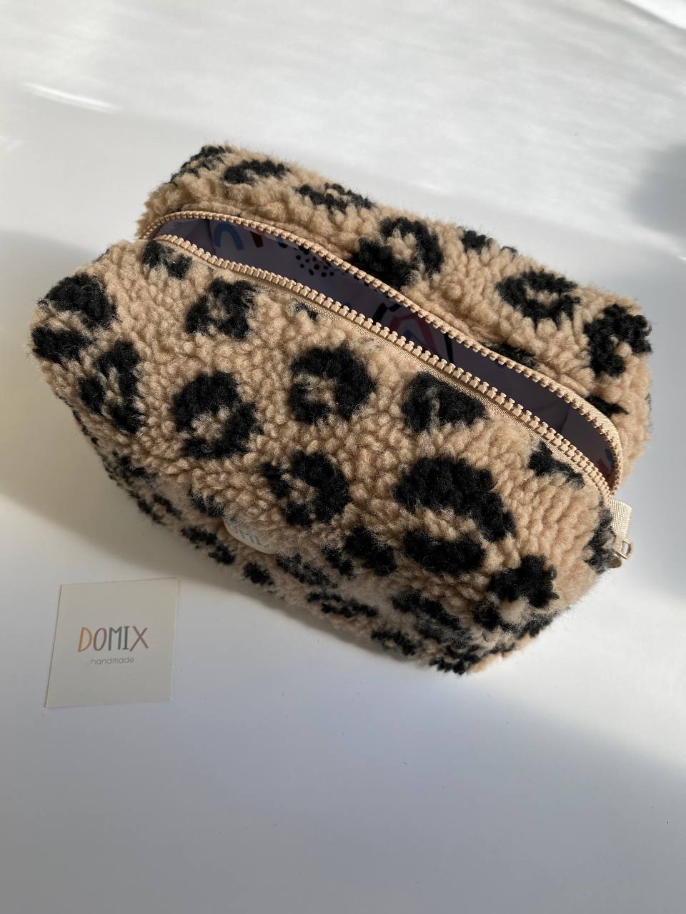 Beige Leopard Teddy Cosmetic Bag – Makeup Pouch with Waterproof Lining | DOMIX