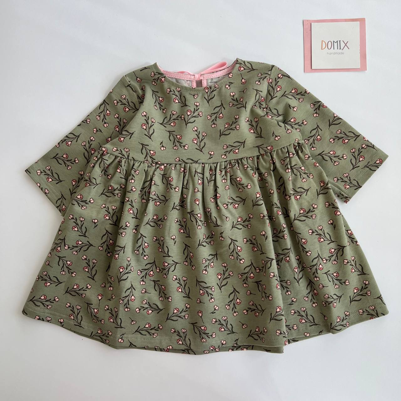 Handmade Baby Girl Dress – Olive Green with Floral Print