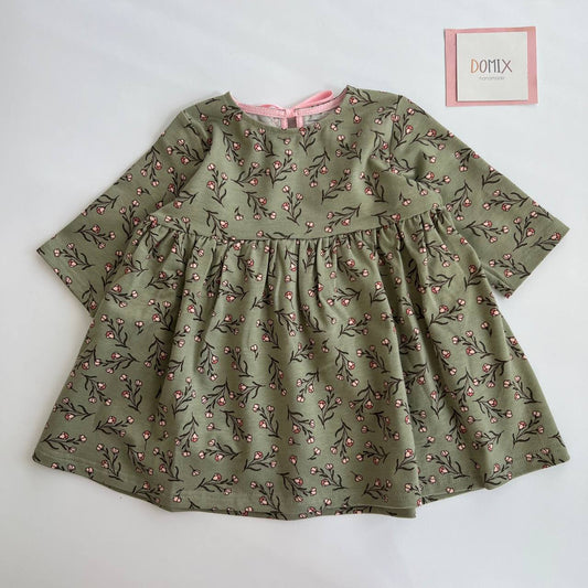 Handmade Baby Girl Dress – Olive Green with Floral Print