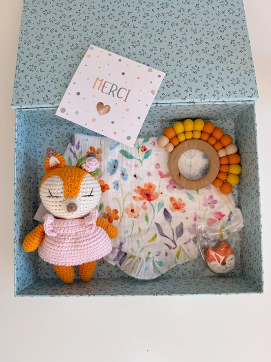 Baby Girl Gift Set – Muslin Bib, Teether & Fox Toy | Newborn Gift Box
