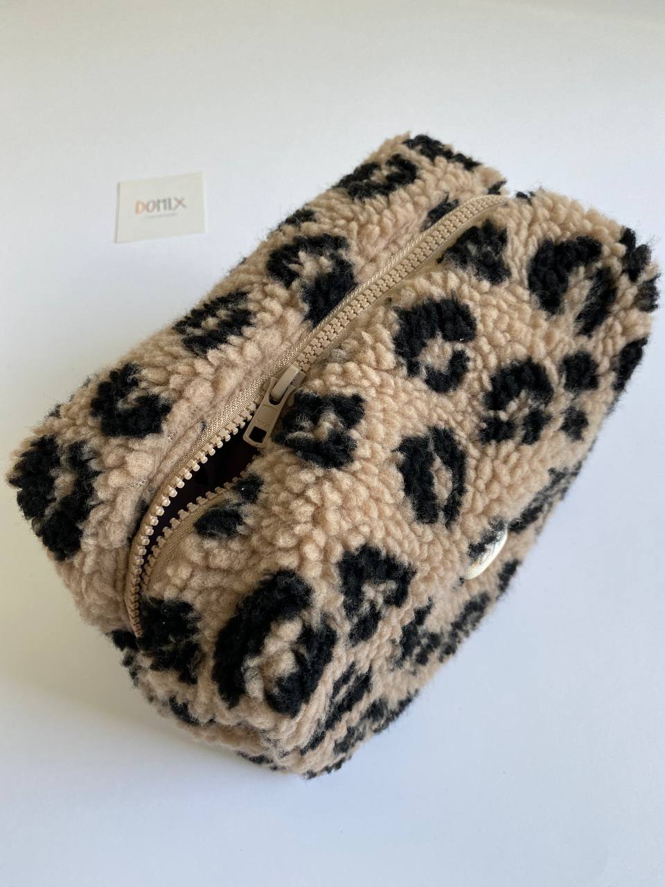 Beige Leopard Teddy Cosmetic Bag – Makeup Pouch with Waterproof Lining | DOMIX