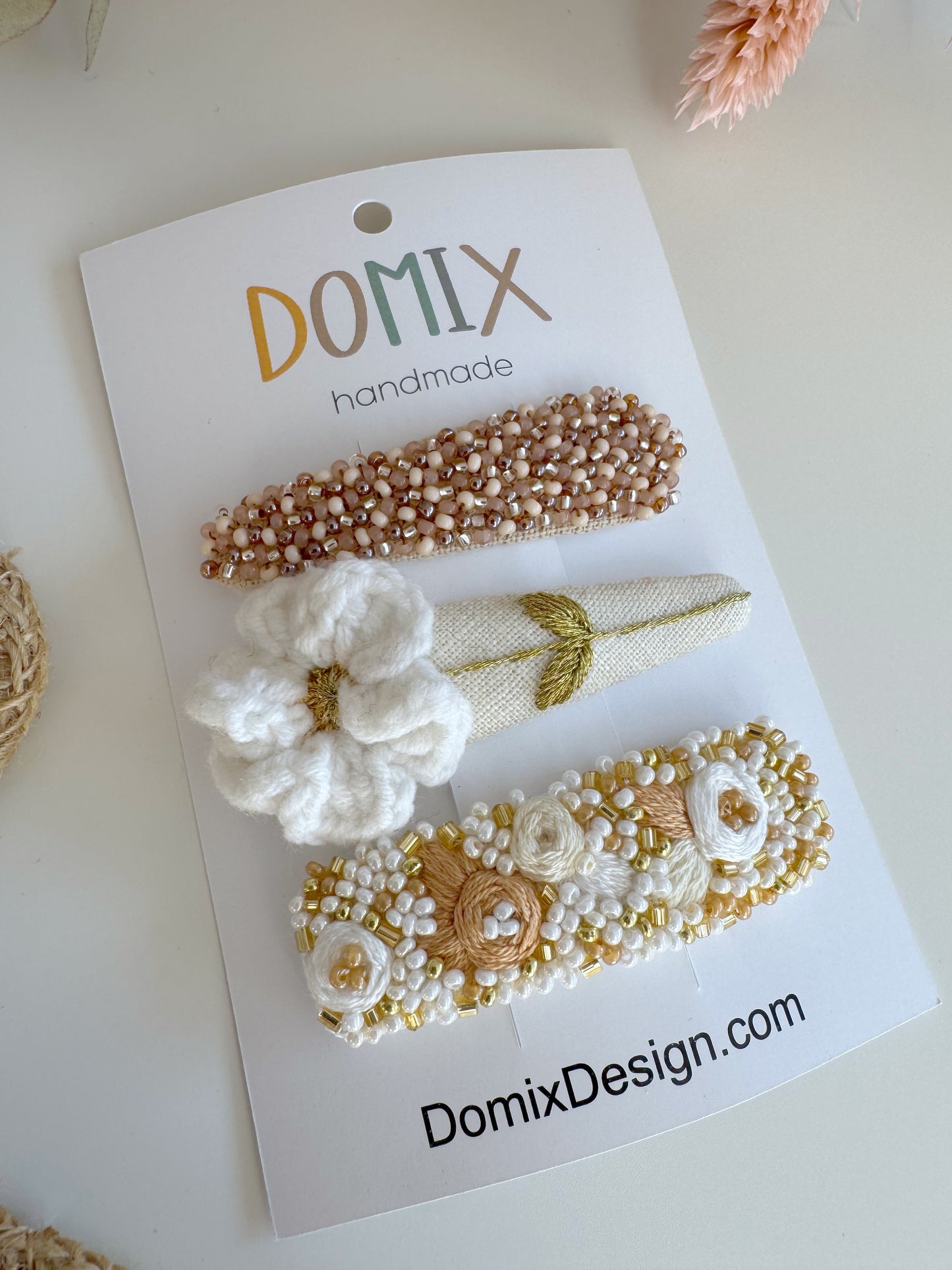 Pinces à cheveux en lin brodé à la main – Lot de 3