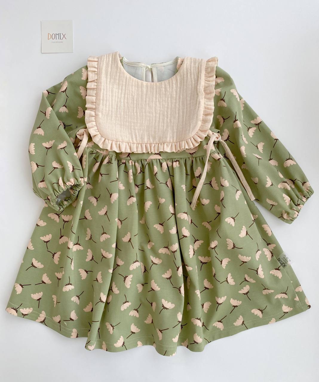 Floral Dress with Ruffled Bib – Sage Green