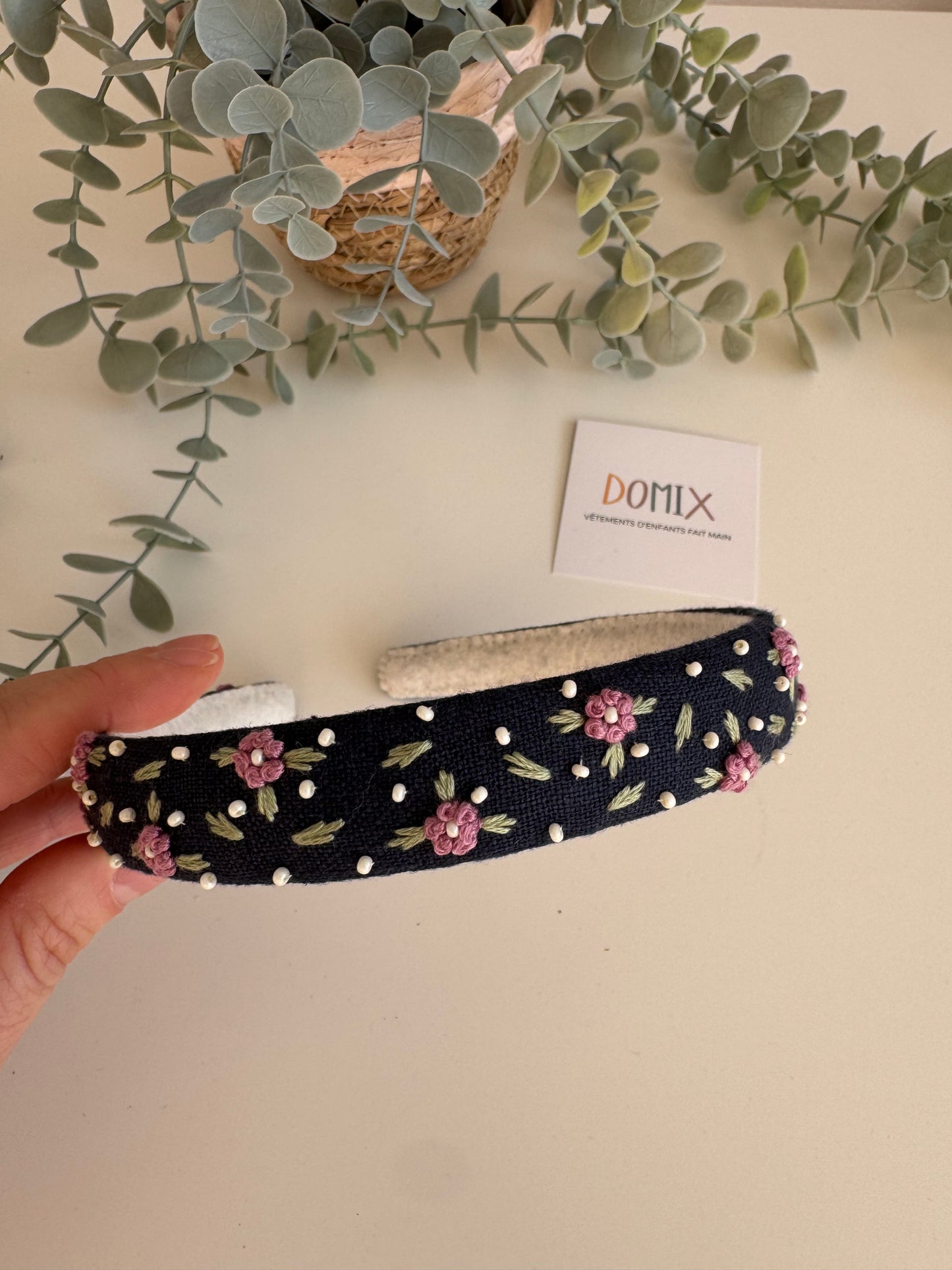 Bandeau en lin brodé à la main – Cerceau de cheveux floral (Taille unique)