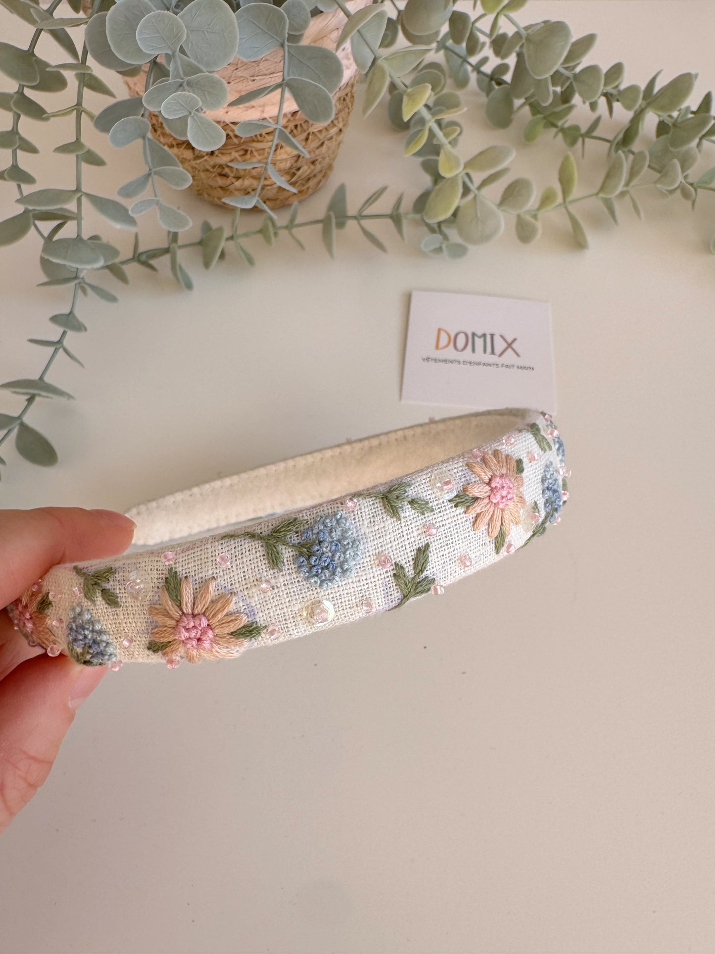 Bandeau en lin brodé à la main – Cerceau de cheveux floral (Taille unique)