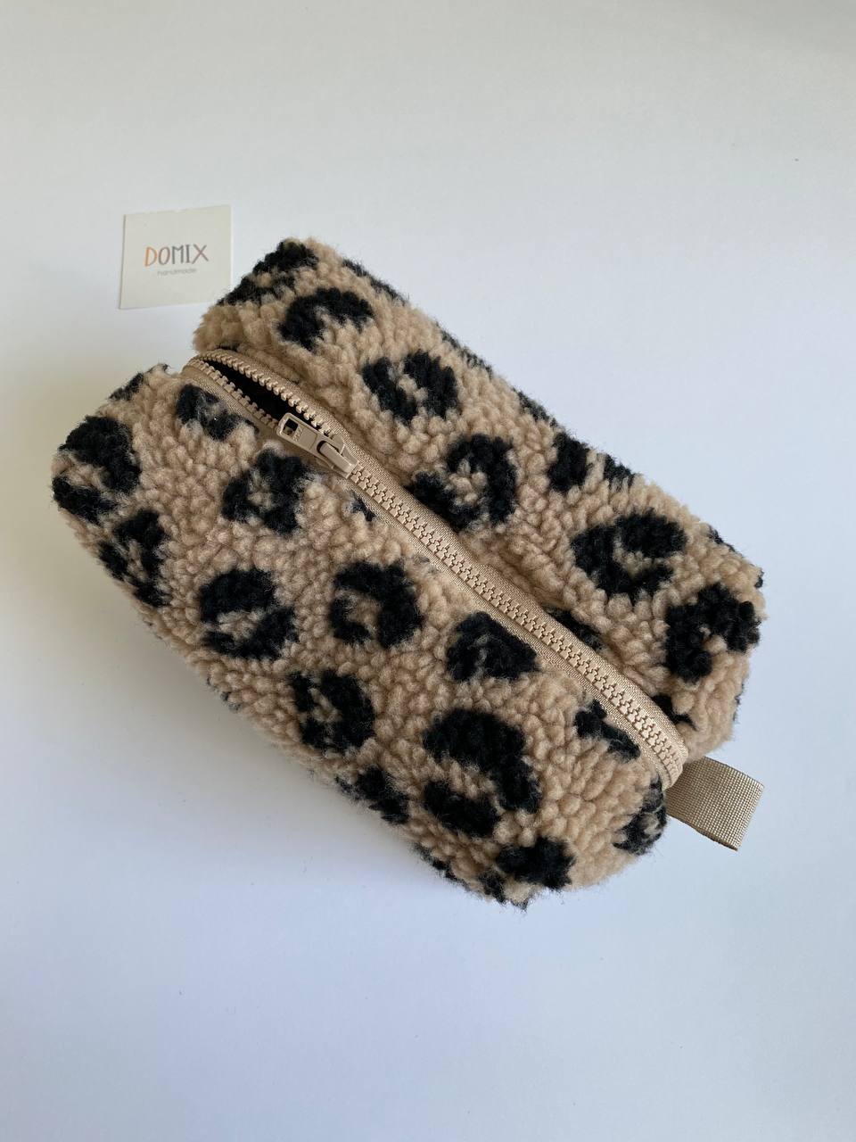 Beige Leopard Teddy Cosmetic Bag – Makeup Pouch with Waterproof Lining | DOMIX