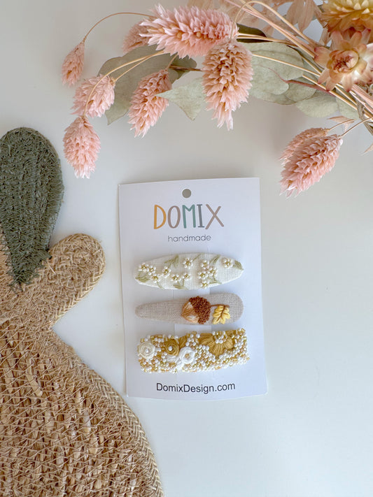 Pinces à cheveux en lin faites main – Ensemble brodé couture (3 pièces)