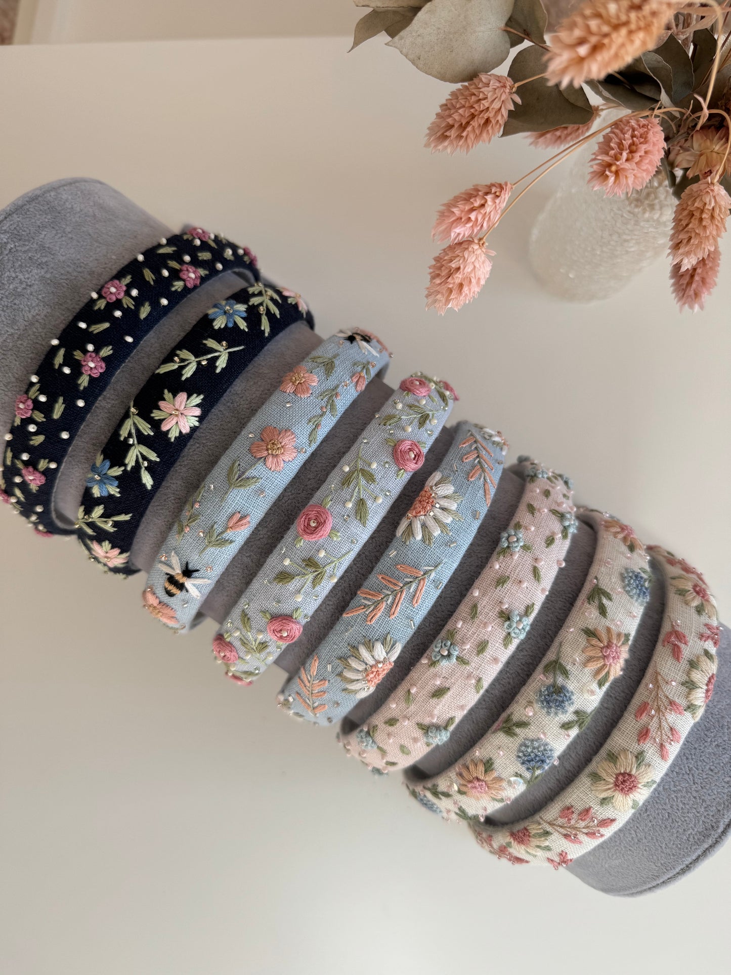 Bandeau en lin brodé à la main – Cerceau de cheveux floral (Taille unique)