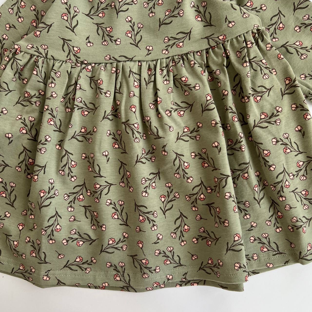 Handmade Baby Girl Dress – Olive Green with Floral Print