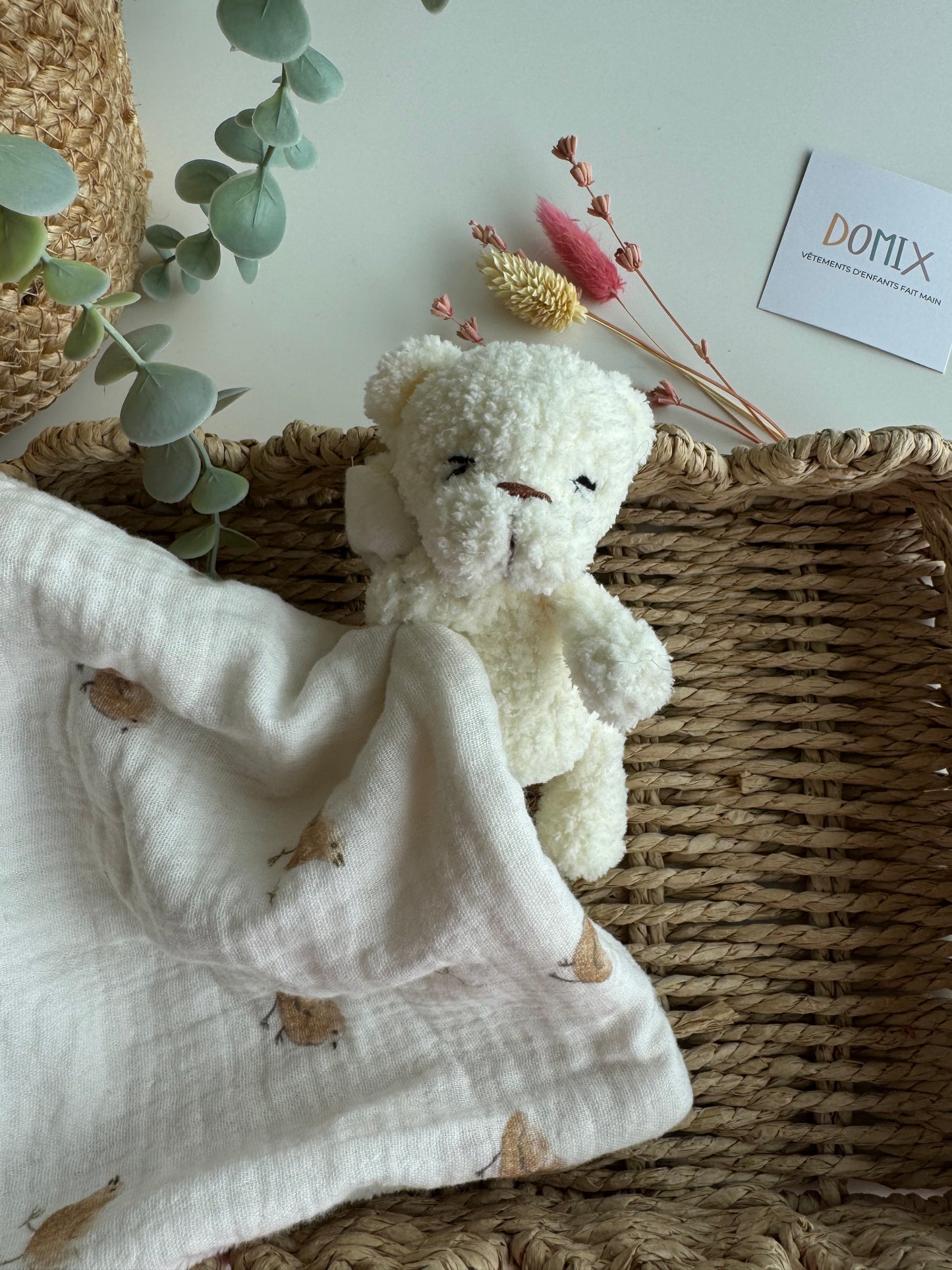 Doudou Ours en peluche – Peluche réconfortante avec couverture en mousseline (certifié CE)