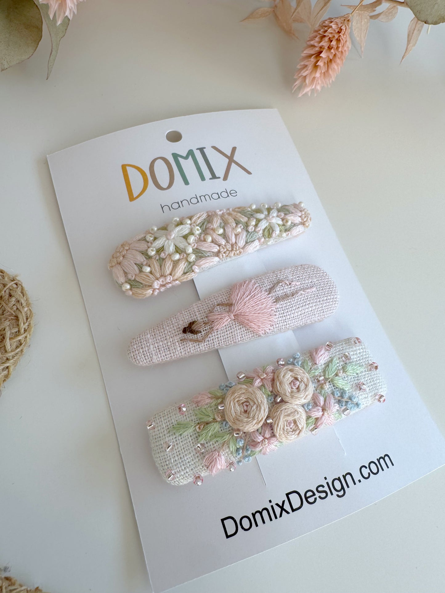 Pinces à cheveux en lin faites main – Ensemble exclusif brodé de 3