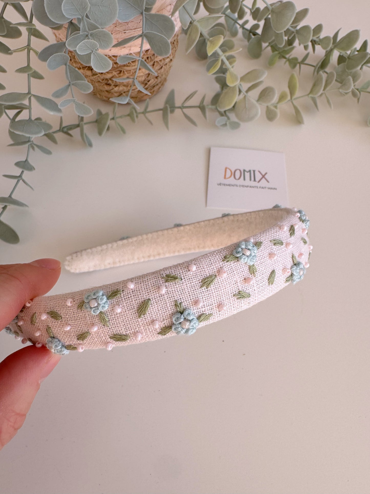 Bandeau en lin brodé à la main – Cerceau de cheveux floral (Taille unique)